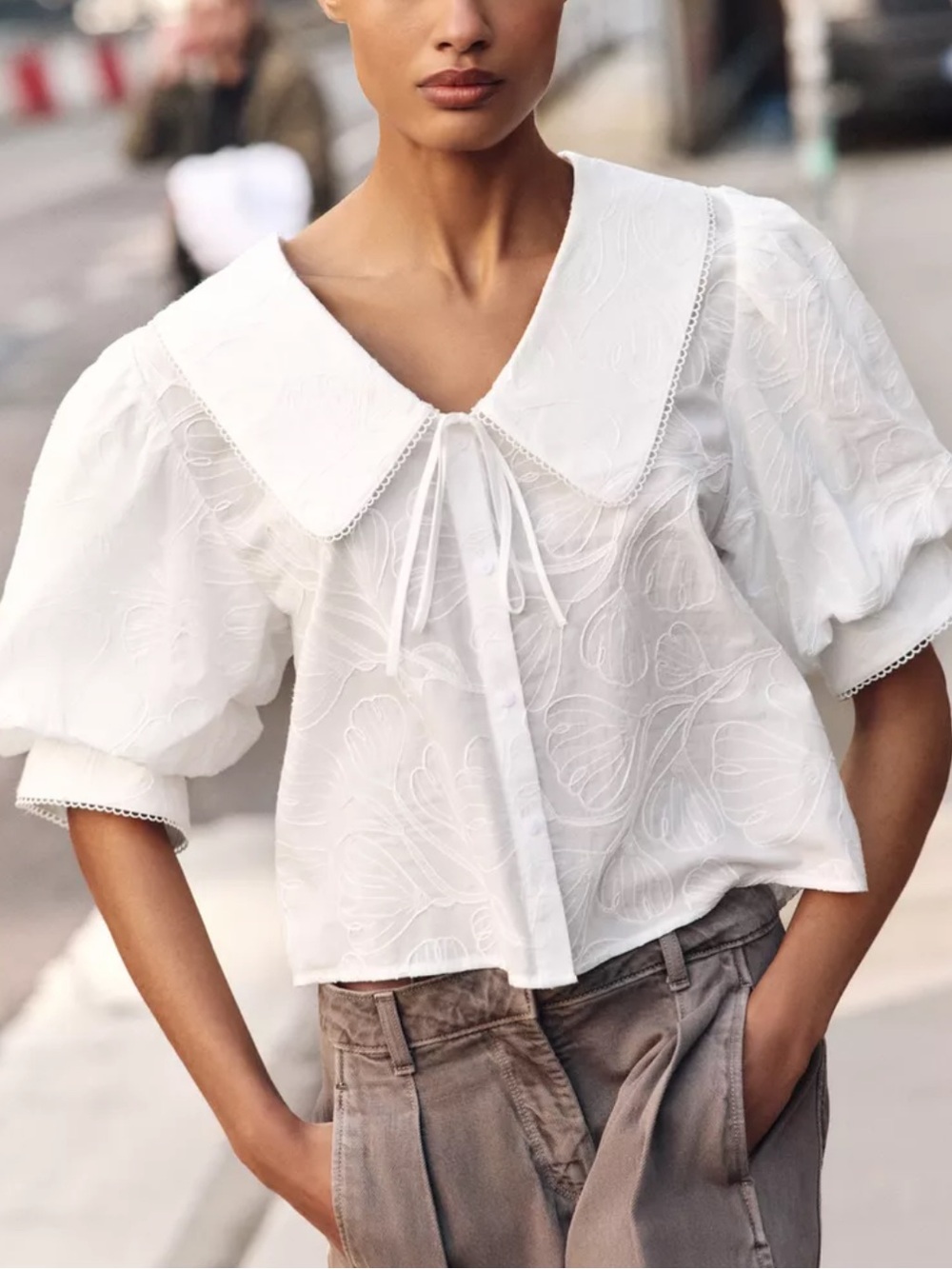 ZARA Textured Puff Sleeve Blouse White Peter Pan Collar Size M NWT 8372/030